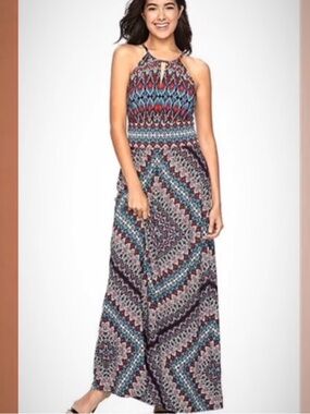 London Times Halter Maxi Dress in Blue, Burgundy & Navy Geometric Print